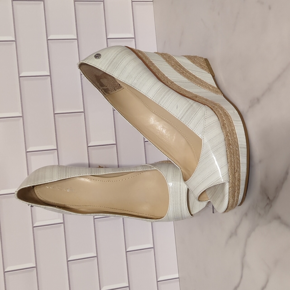 Calvin Klein Espadrille Wedge High Heel Shoes White 9 1/2